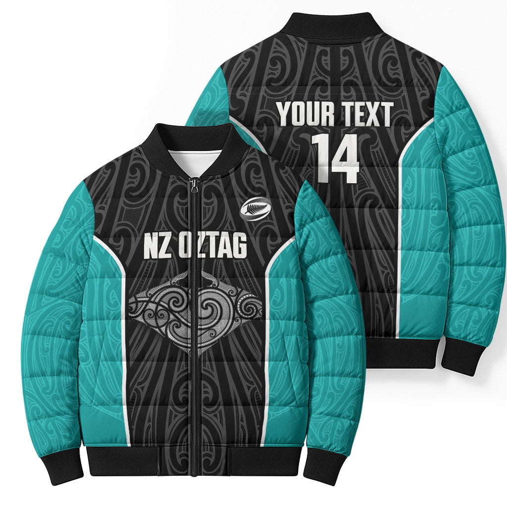 Custom New Zealand Stingray Oztag Bomber Puffer Jacket Tag Rugby Maori Pattern Black Version LT14 - Polynesian Pride