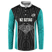 Custom New Zealand Stingray Oztag Button Sweatshirt Tag Rugby Maori Pattern Black Version LT14 Black - Polynesian Pride