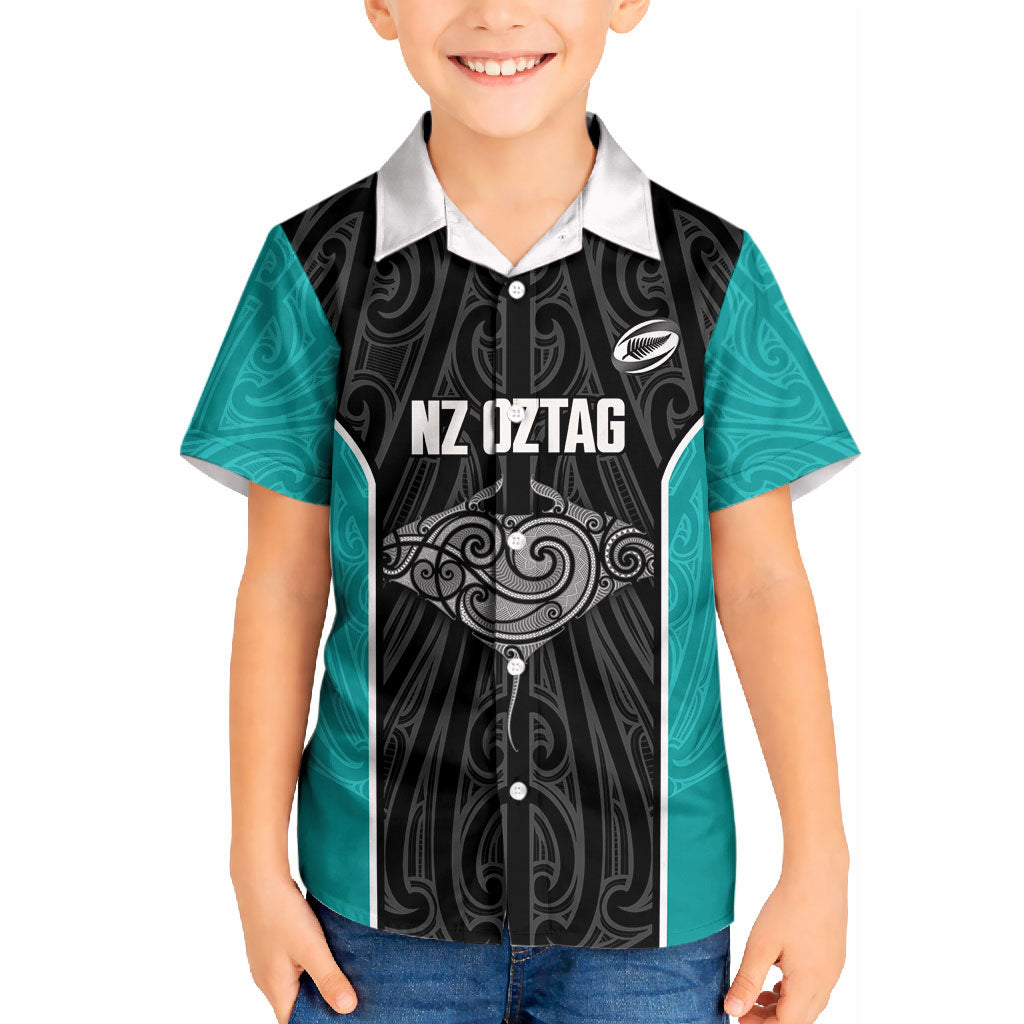 Custom New Zealand Stingray Oztag Kid Hawaiian Shirt Tag Rugby Maori Pattern Black Version LT14 Kid Black - Polynesian Pride