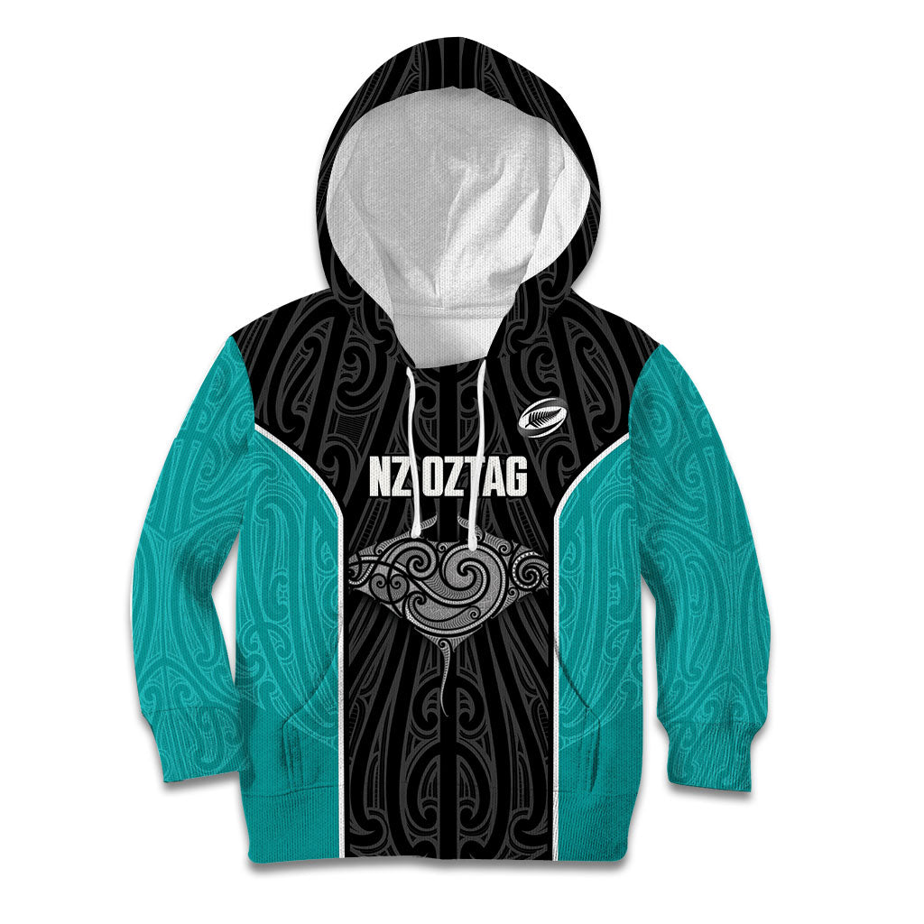 Custom New Zealand Stingray Oztag Kid Hoodie Tag Rugby Maori Pattern Black Version LT14 Hoodie Black - Polynesian Pride
