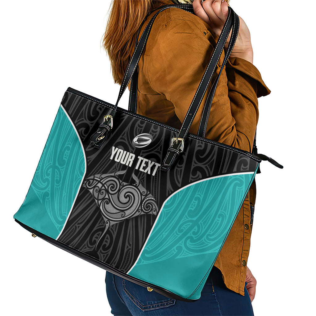 Custom New Zealand Stingray Oztag Leather Tote Bag Tag Rugby Maori Pattern Black Version LT14 - Polynesian Pride
