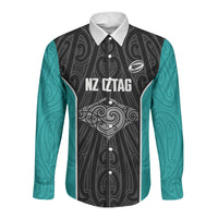 Custom New Zealand Stingray Oztag Long Sleeve Button Shirt Tag Rugby Maori Pattern Black Version LT14 Unisex Black - Polynesian Pride