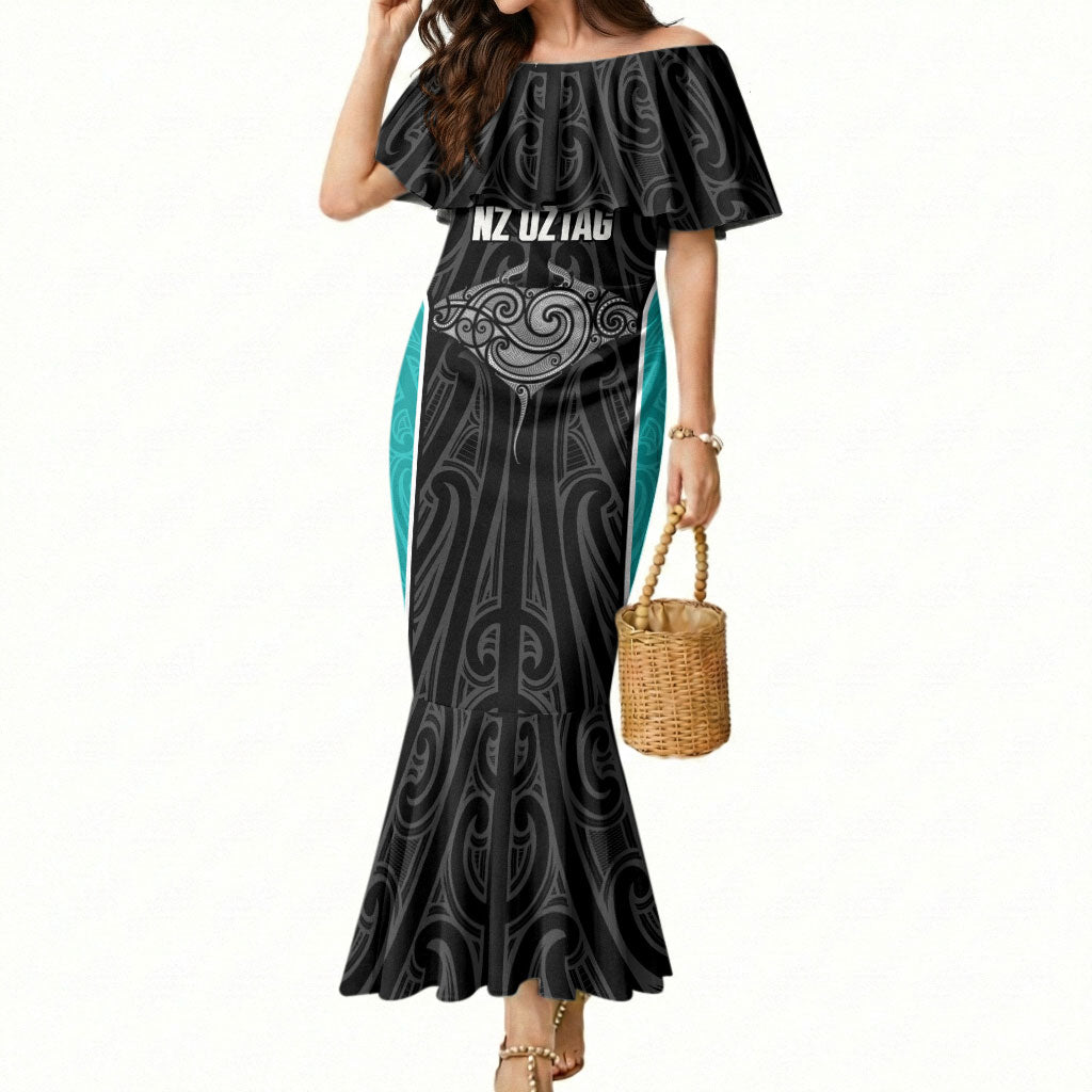 Custom New Zealand Stingray Oztag Mermaid Dress Tag Rugby Maori Pattern Black Version LT14 Women Black - Polynesian Pride