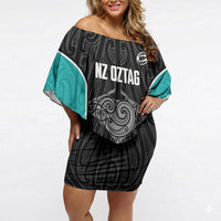 Custom New Zealand Stingray Oztag Off Shoulder Short Dress Tag Rugby Maori Pattern Black Version LT14 Women Black - Polynesian Pride