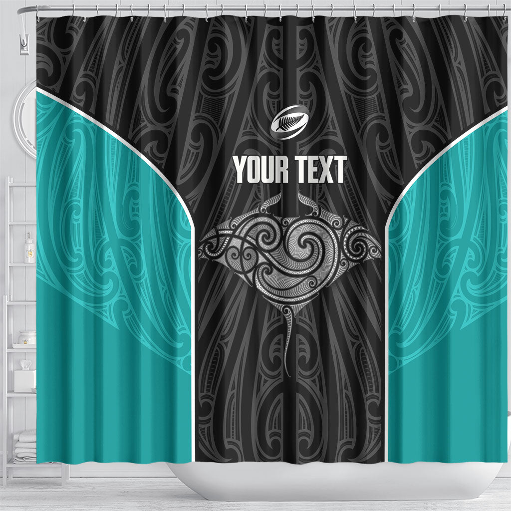 Custom New Zealand Stingray Oztag Shower Curtain Tag Rugby Maori Pattern Black Version LT14 - Polynesian Pride