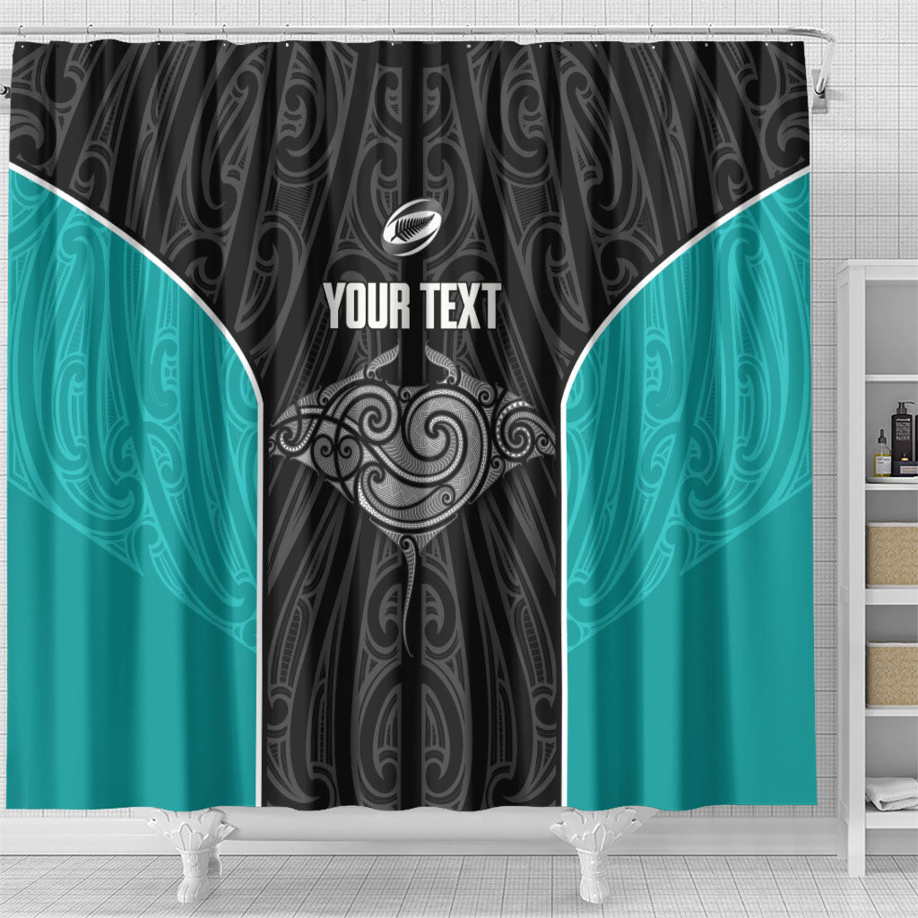 Custom New Zealand Stingray Oztag Shower Curtain Tag Rugby Maori Pattern Black Version LT14 - Polynesian Pride
