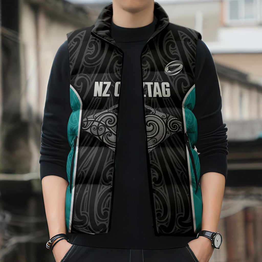 Custom New Zealand Stingray Oztag Sleeveless Puffer Jacket Tag Rugby Maori Pattern Black Version LT14 - Polynesian Pride