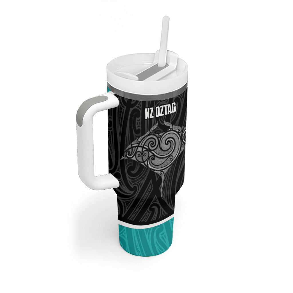 Custom New Zealand Stingray Oztag Tumbler With Handle Tag Rugby Maori Pattern Black Version LT14 - Polynesian Pride