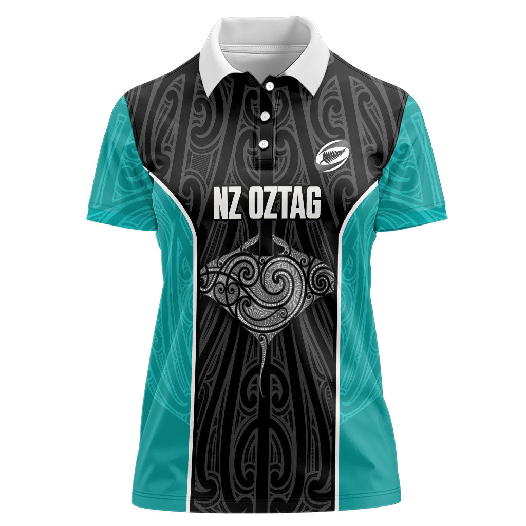 Custom New Zealand Stingray Oztag Women Polo Shirt Tag Rugby Maori Pattern Black Version LT14 Female Black - Polynesian Pride