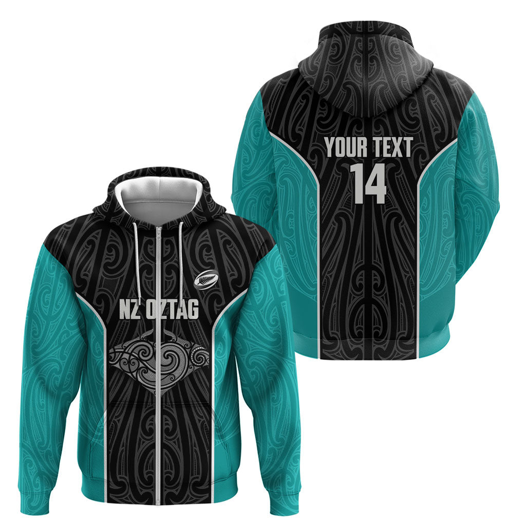 Custom New Zealand Stingray Oztag Zip Hoodie Tag Rugby Maori Pattern Black Version LT14 - Polynesian Pride