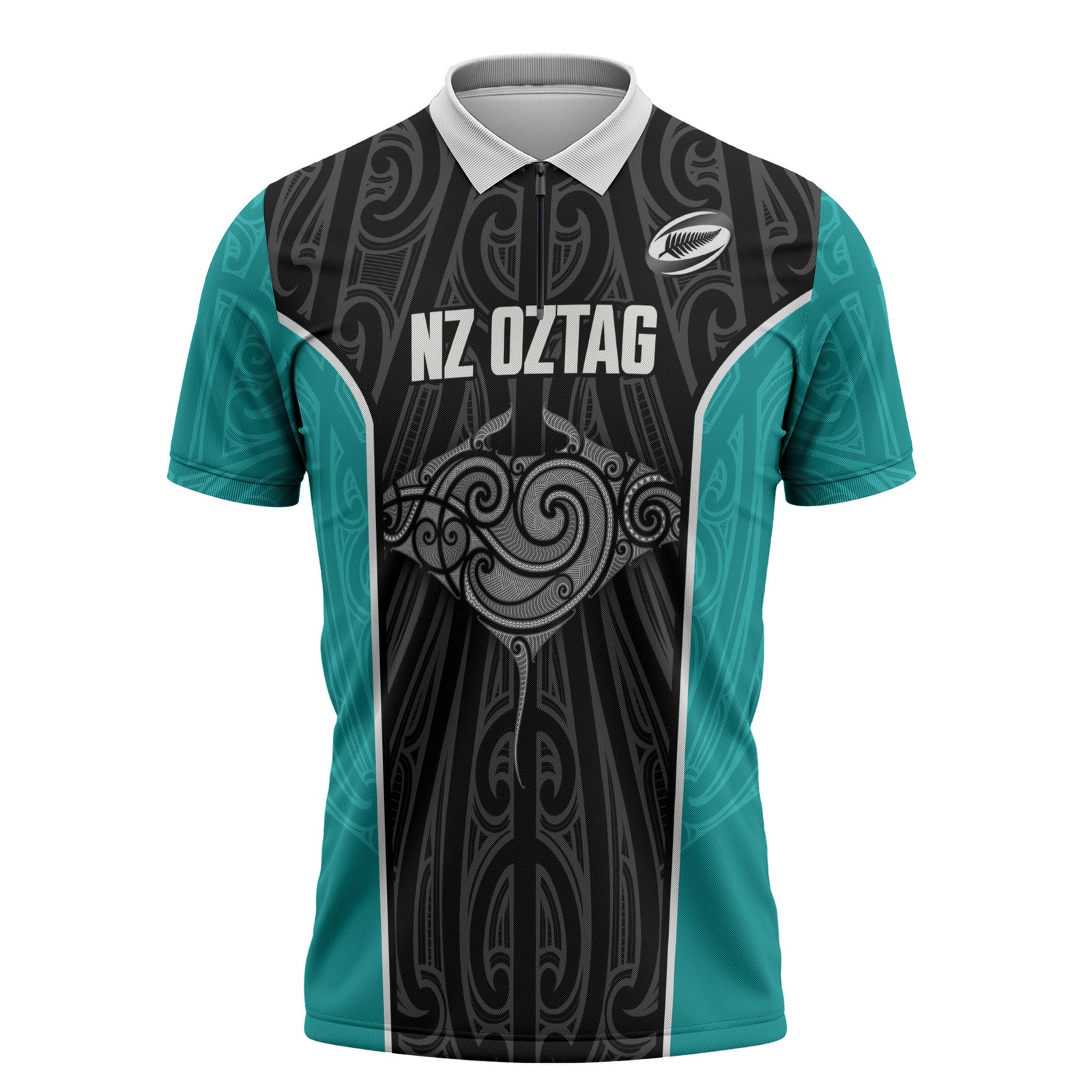 Custom New Zealand Stingray Oztag Zipper Polo Shirt Tag Rugby Maori Pattern Black Version LT14 Black - Polynesian Pride