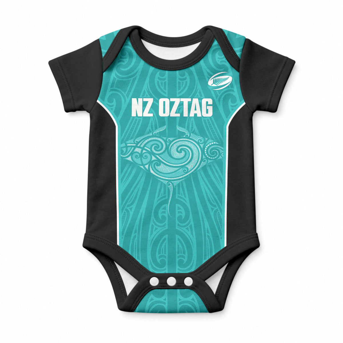 Custom New Zealand Stingray Oztag Baby Onesie Tag Rugby Maori Pattern Teal Version LT14 Teal - Polynesian Pride