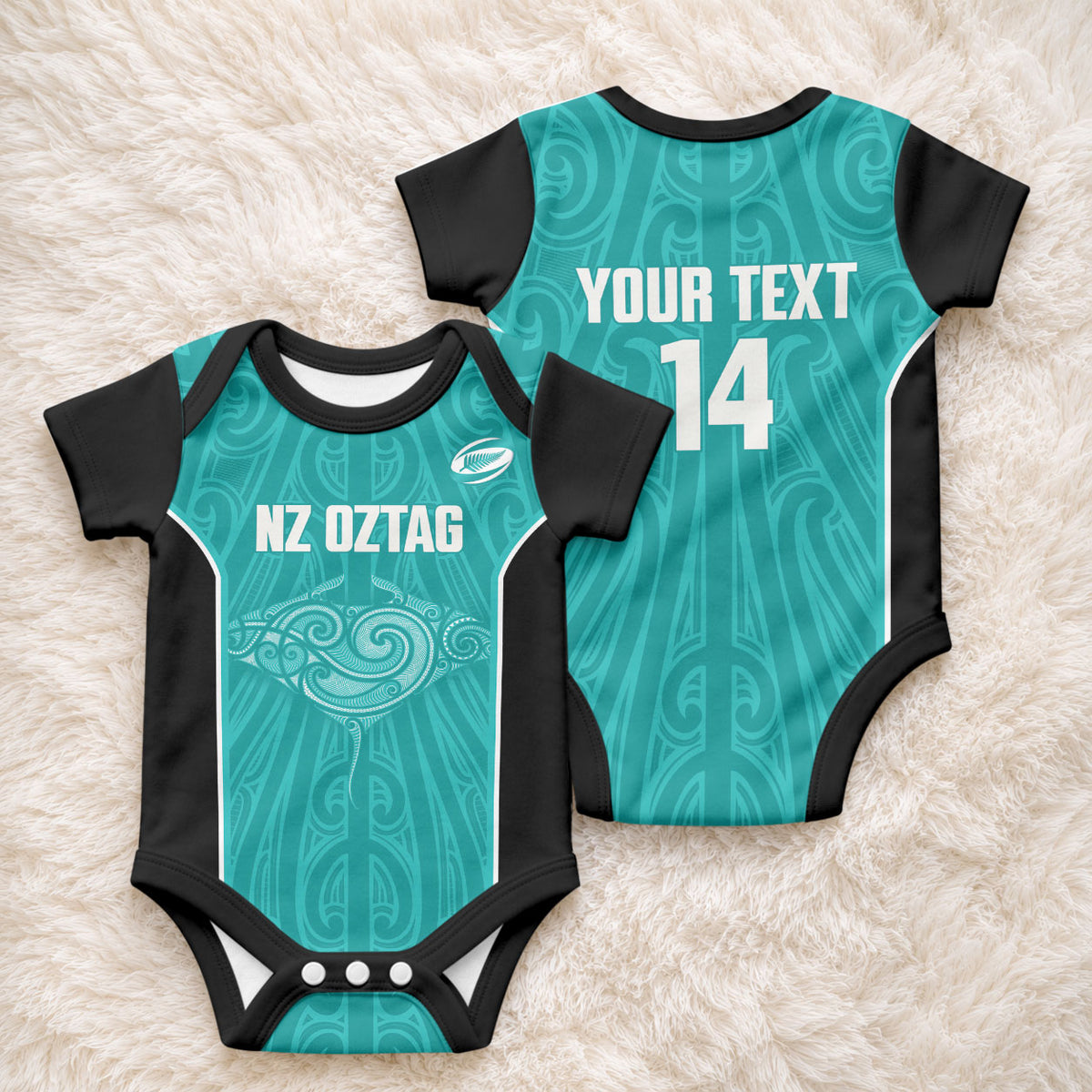 Custom New Zealand Stingray Oztag Baby Onesie Tag Rugby Maori Pattern Teal Version LT14 - Polynesian Pride