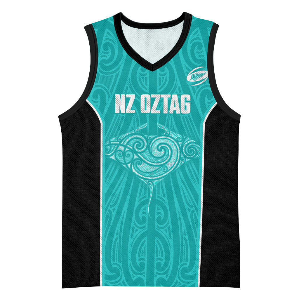 Custom New Zealand Stingray Oztag Basketball Jersey Tag Rugby Maori Pattern Teal Version LT14 Unisex Teal - Polynesian Pride