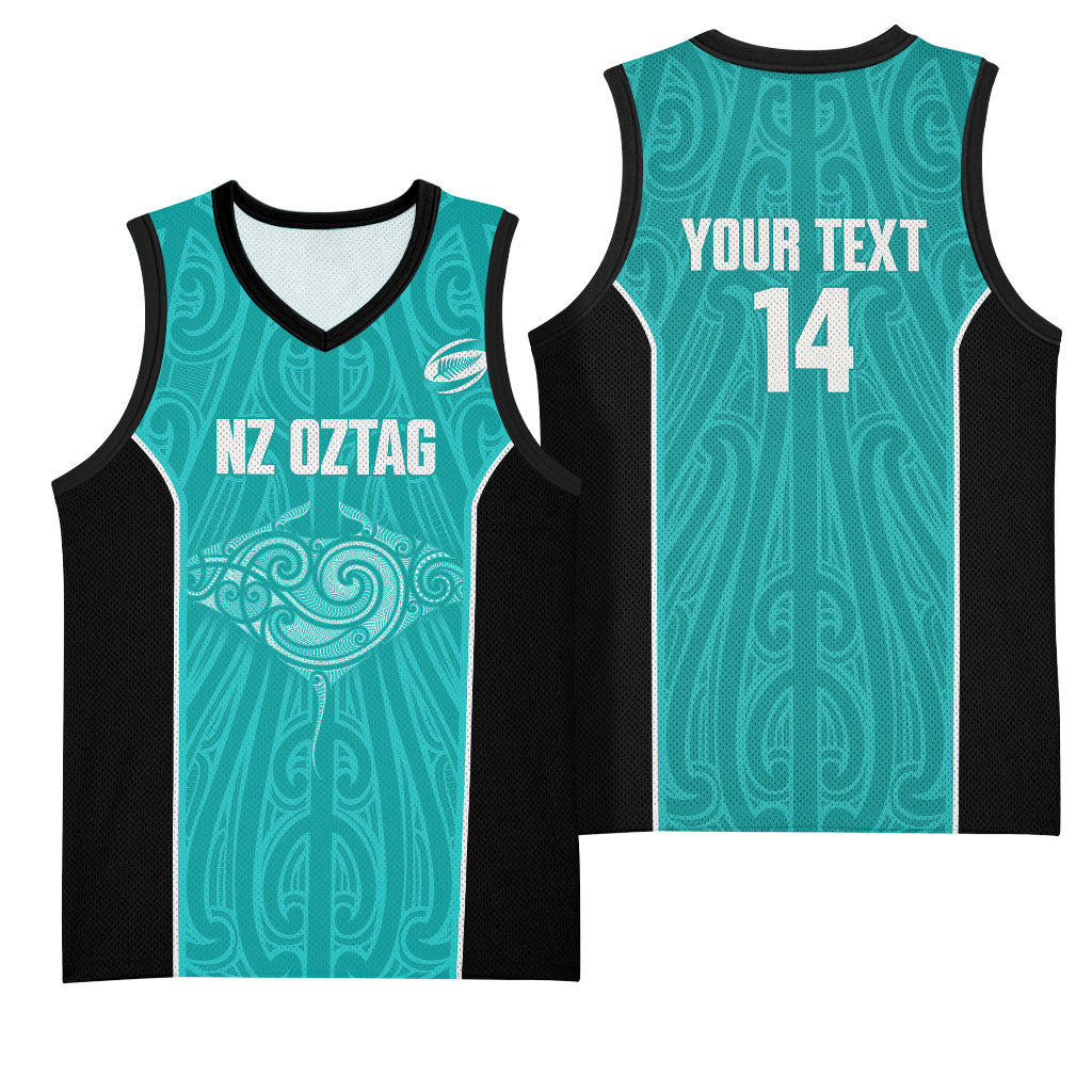 Custom New Zealand Stingray Oztag Basketball Jersey Tag Rugby Maori Pattern Teal Version LT14 - Polynesian Pride