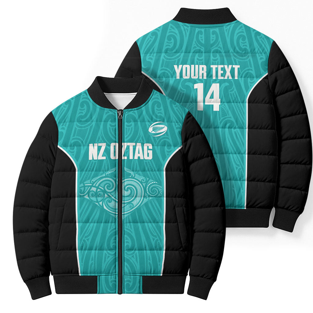 Custom New Zealand Stingray Oztag Bomber Puffer Jacket Tag Rugby Maori Pattern Teal Version LT14 - Polynesian Pride