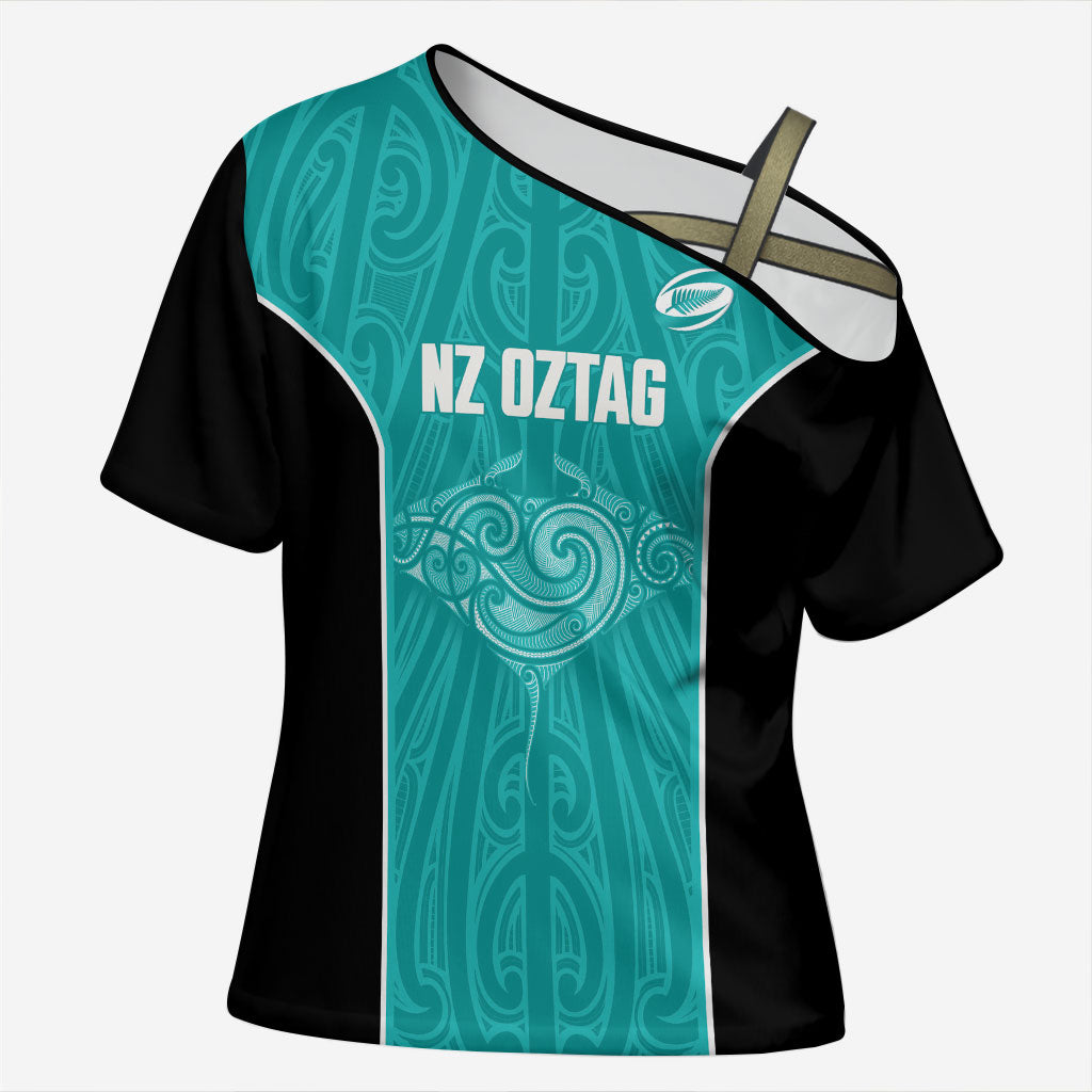Custom New Zealand Stingray Oztag Cross Shoulder Shirt Tag Rugby Maori Pattern Teal Version LT14 Female Teal - Polynesian Pride