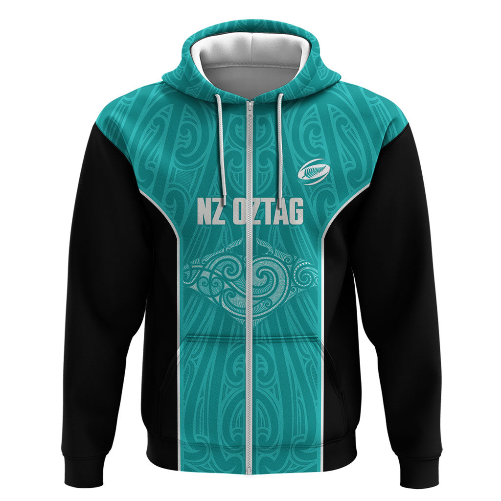 Custom New Zealand Stingray Oztag Hoodie Tag Rugby Maori Pattern Teal Version LT14 Zip Hoodie Teal - Polynesian Pride