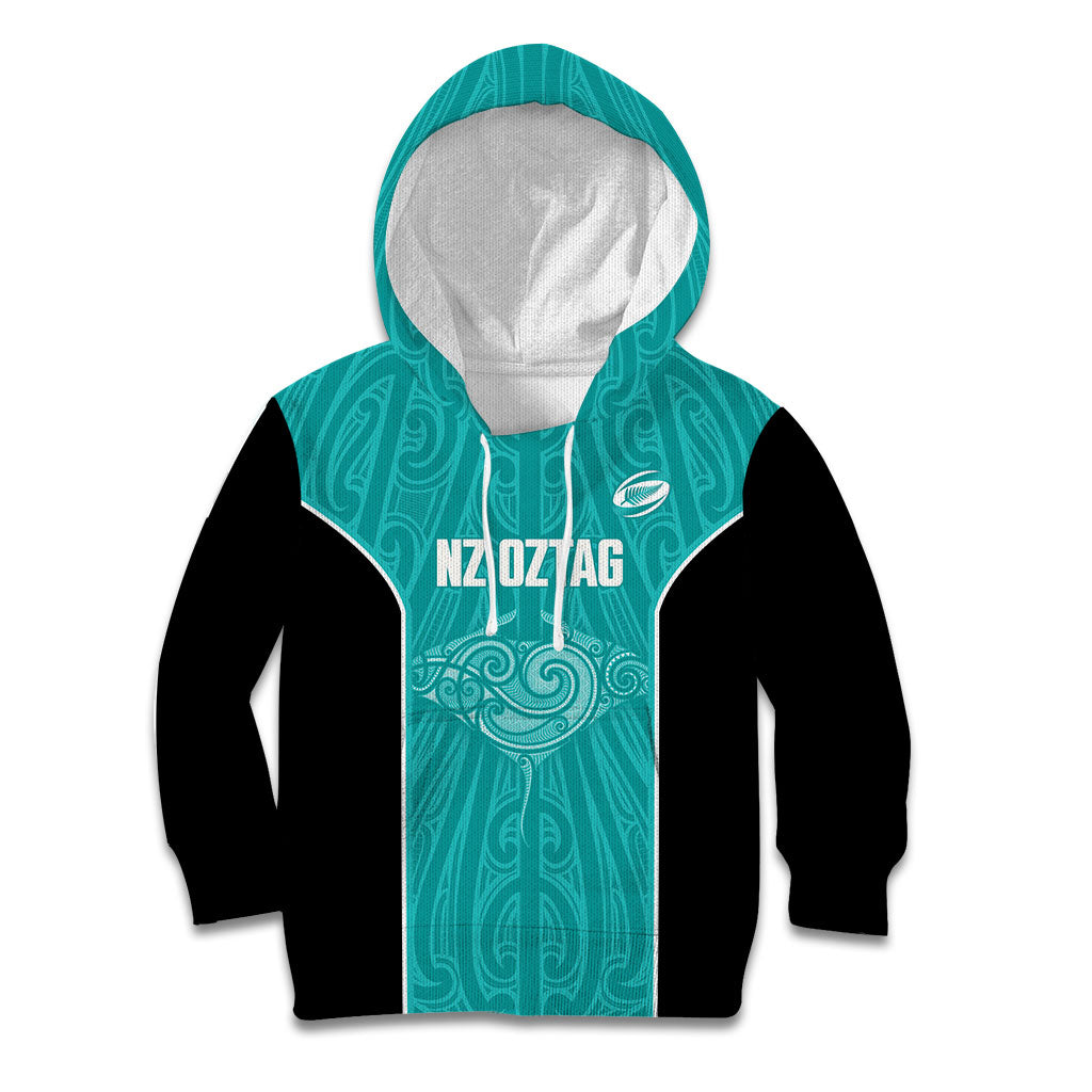 Custom New Zealand Stingray Oztag Kid Hoodie Tag Rugby Maori Pattern Teal Version LT14 Hoodie Teal - Polynesian Pride