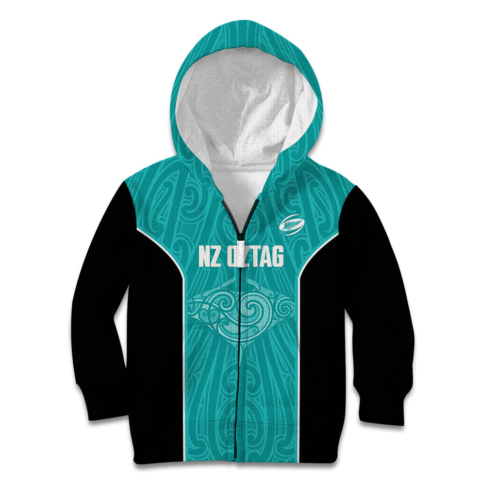 Custom New Zealand Stingray Oztag Kid Hoodie Tag Rugby Maori Pattern Teal Version LT14 Zip Hoodie Teal - Polynesian Pride