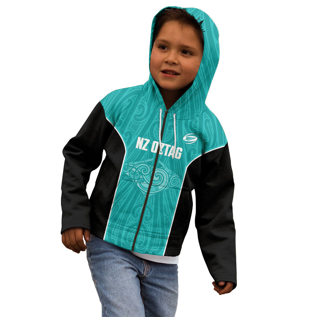 Custom New Zealand Stingray Oztag Kid Hoodie Tag Rugby Maori Pattern Teal Version LT14 - Polynesian Pride