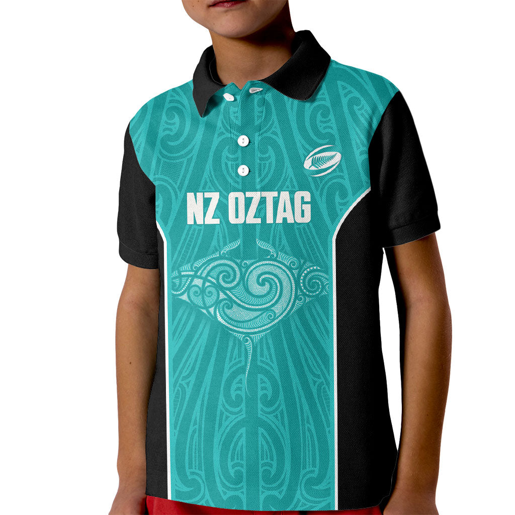 Custom New Zealand Stingray Oztag Kid Polo Shirt Tag Rugby Maori Pattern Teal Version LT14 Kid Teal - Polynesian Pride