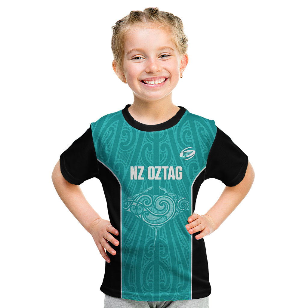 Custom New Zealand Stingray Oztag Kid T Shirt Tag Rugby Maori Pattern Teal Version LT14 Teal - Polynesian Pride