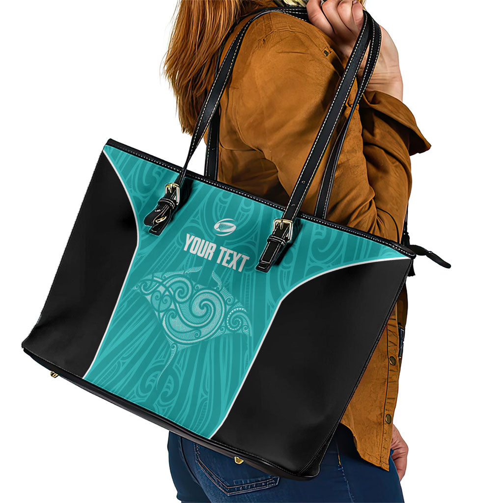 Custom New Zealand Stingray Oztag Leather Tote Bag Tag Rugby Maori Pattern Teal Version LT14 - Polynesian Pride