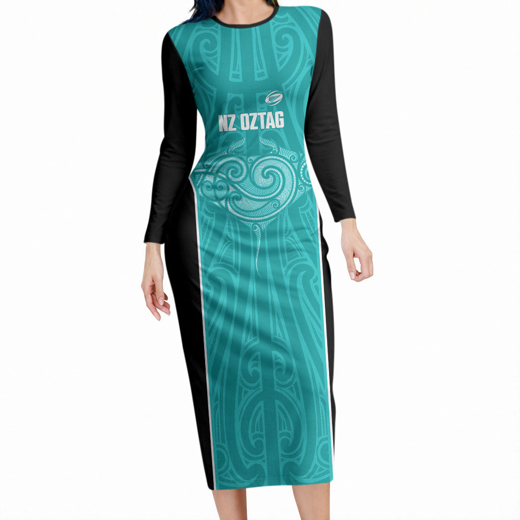 Custom New Zealand Stingray Oztag Long Sleeve Bodycon Dress Tag Rugby Maori Pattern Teal Version LT14 Long Dress Teal - Polynesian Pride