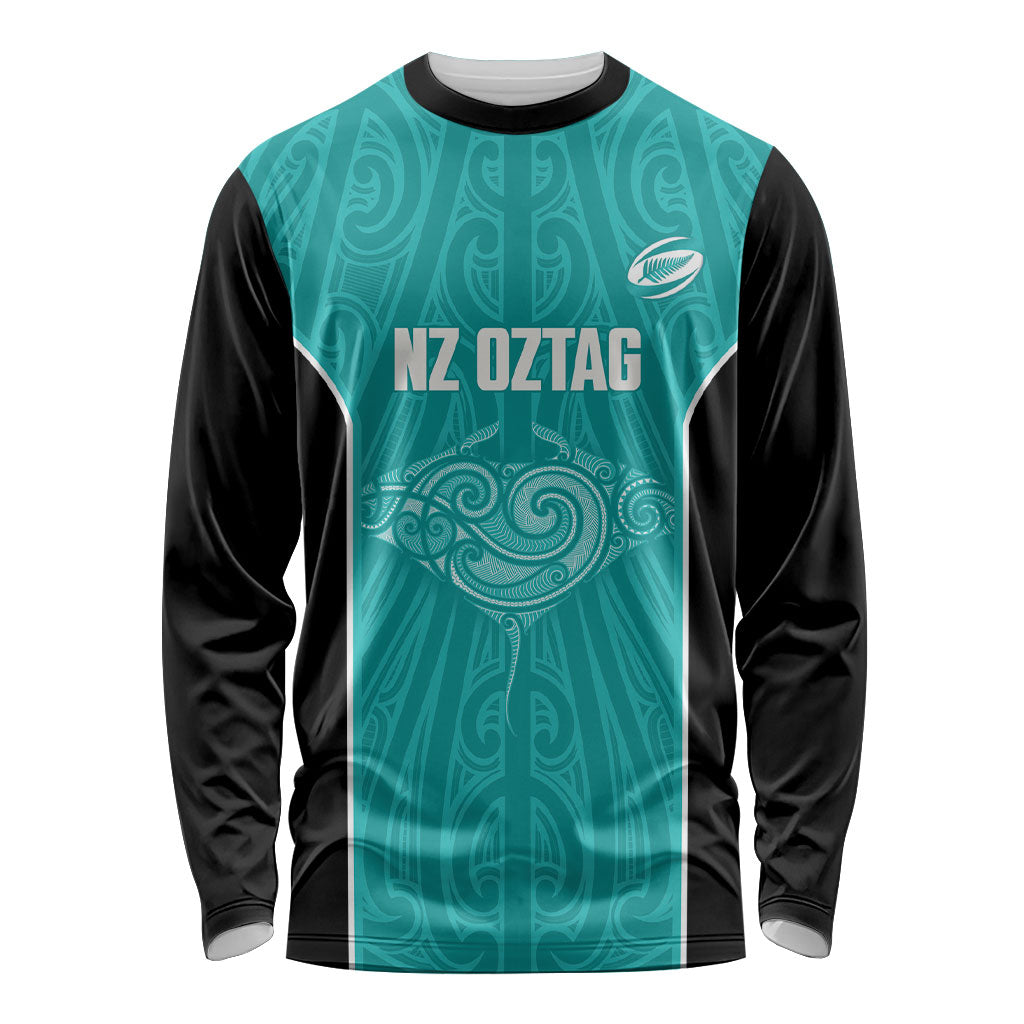 Custom New Zealand Stingray Oztag Long Sleeve Shirt Tag Rugby Maori Pattern Teal Version LT14 Unisex Teal - Polynesian Pride