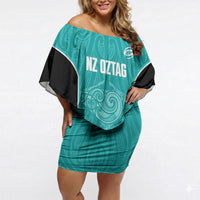 Custom New Zealand Stingray Oztag Off Shoulder Short Dress Tag Rugby Maori Pattern Teal Version LT14 Women Teal - Polynesian Pride