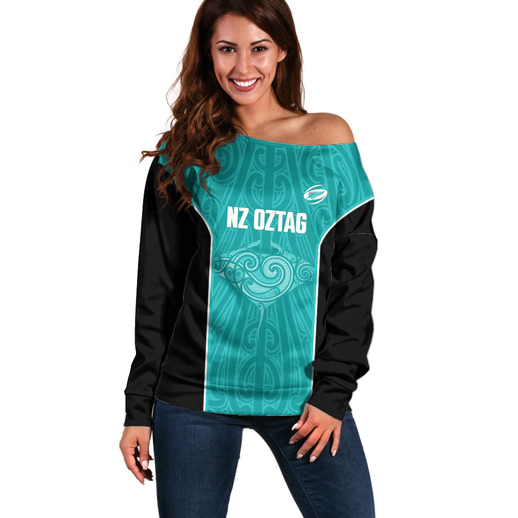 Custom New Zealand Stingray Oztag Off Shoulder Sweater Tag Rugby Maori Pattern Teal Version LT14 Women Teal - Polynesian Pride