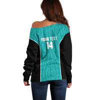 Custom New Zealand Stingray Oztag Off Shoulder Sweater Tag Rugby Maori Pattern Teal Version LT14 - Polynesian Pride
