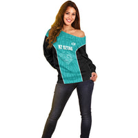 Custom New Zealand Stingray Oztag Off Shoulder Sweater Tag Rugby Maori Pattern Teal Version LT14 - Polynesian Pride