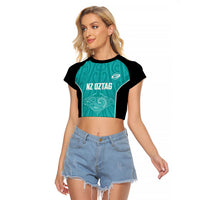 Custom New Zealand Stingray Oztag Raglan Cropped T Shirt Tag Rugby Maori Pattern Teal Version LT14 Female Teal - Polynesian Pride