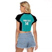 Custom New Zealand Stingray Oztag Raglan Cropped T Shirt Tag Rugby Maori Pattern Teal Version LT14 - Polynesian Pride