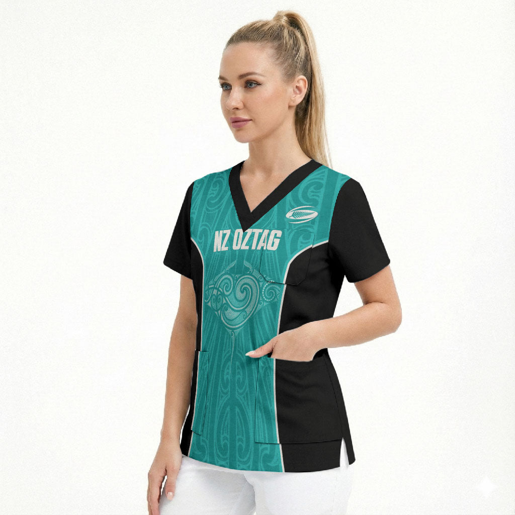 Custom New Zealand Stingray Oztag Scrub Top Tag Rugby Maori Pattern Teal Version LT14 - Polynesian Pride