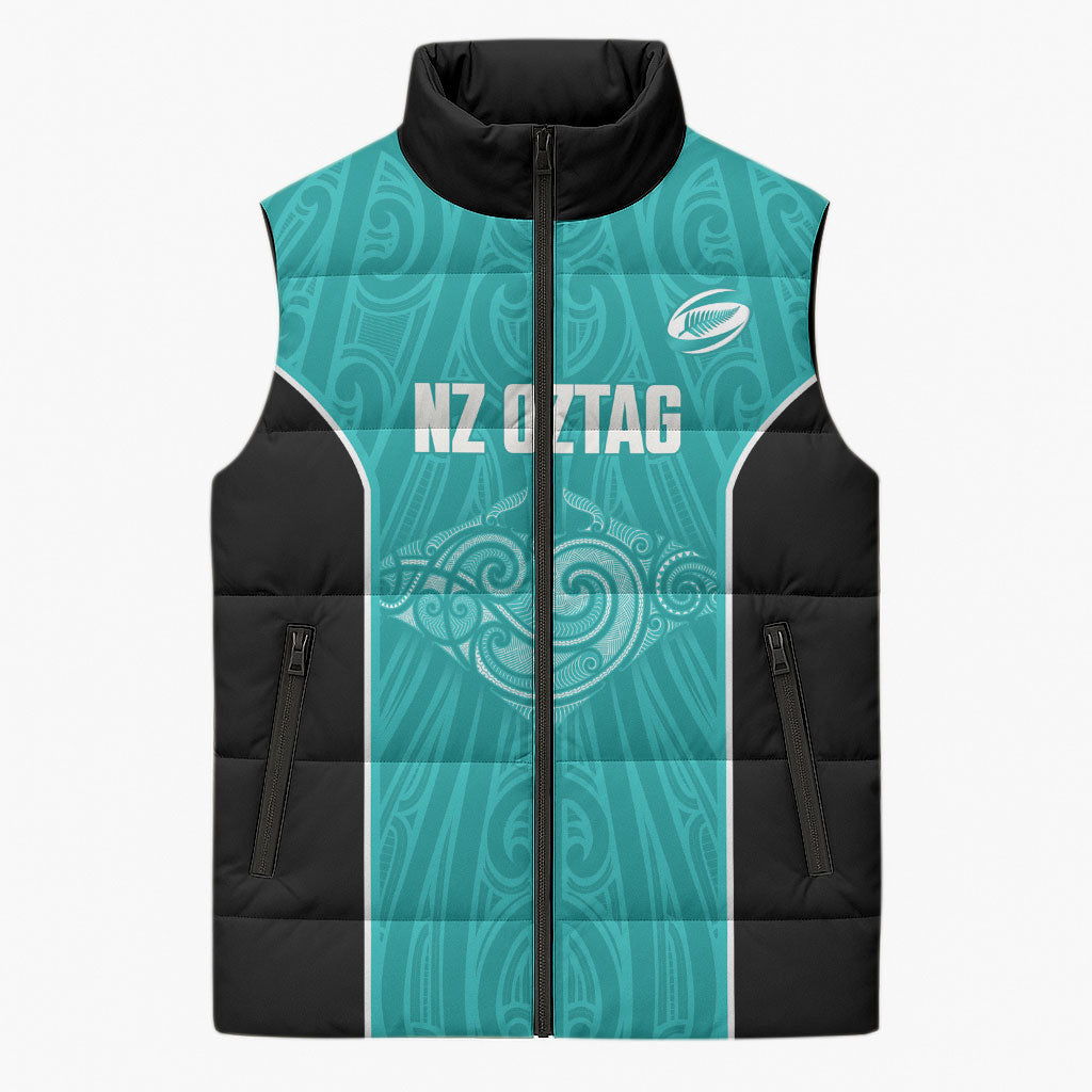 Custom New Zealand Stingray Oztag Sleeveless Puffer Jacket Tag Rugby Maori Pattern Teal Version LT14 Unisex Teal - Polynesian Pride