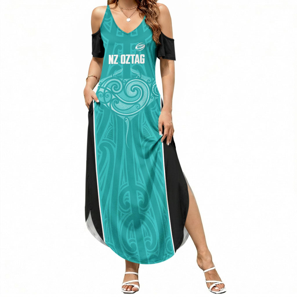 Custom New Zealand Stingray Oztag Summer Maxi Dress Tag Rugby Maori Pattern Teal Version LT14 Women Teal - Polynesian Pride