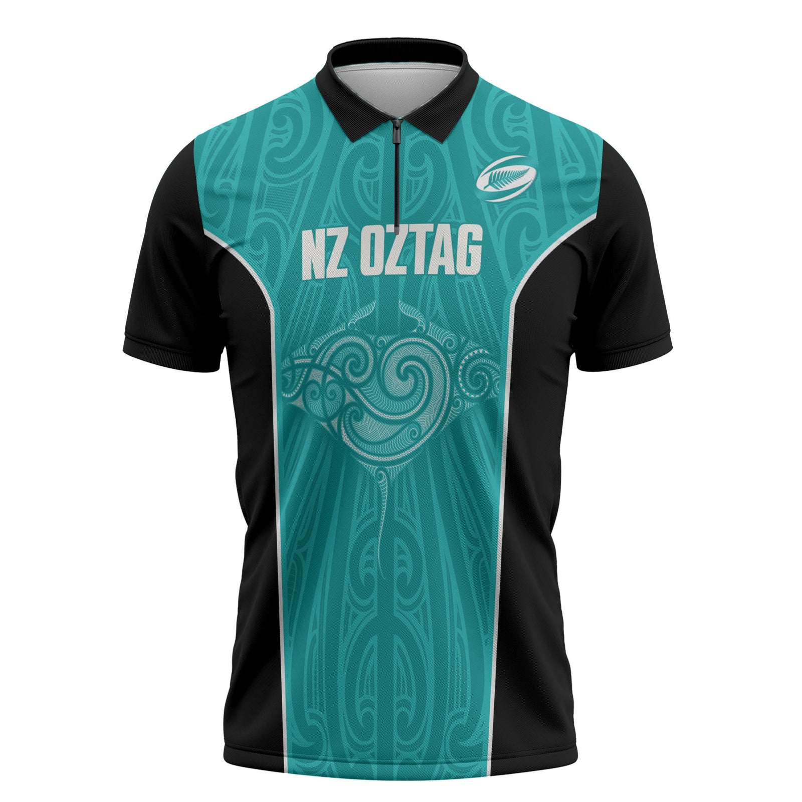 Custom New Zealand Stingray Oztag Zipper Polo Shirt Tag Rugby Maori Pattern Teal Version LT14 Teal - Polynesian Pride