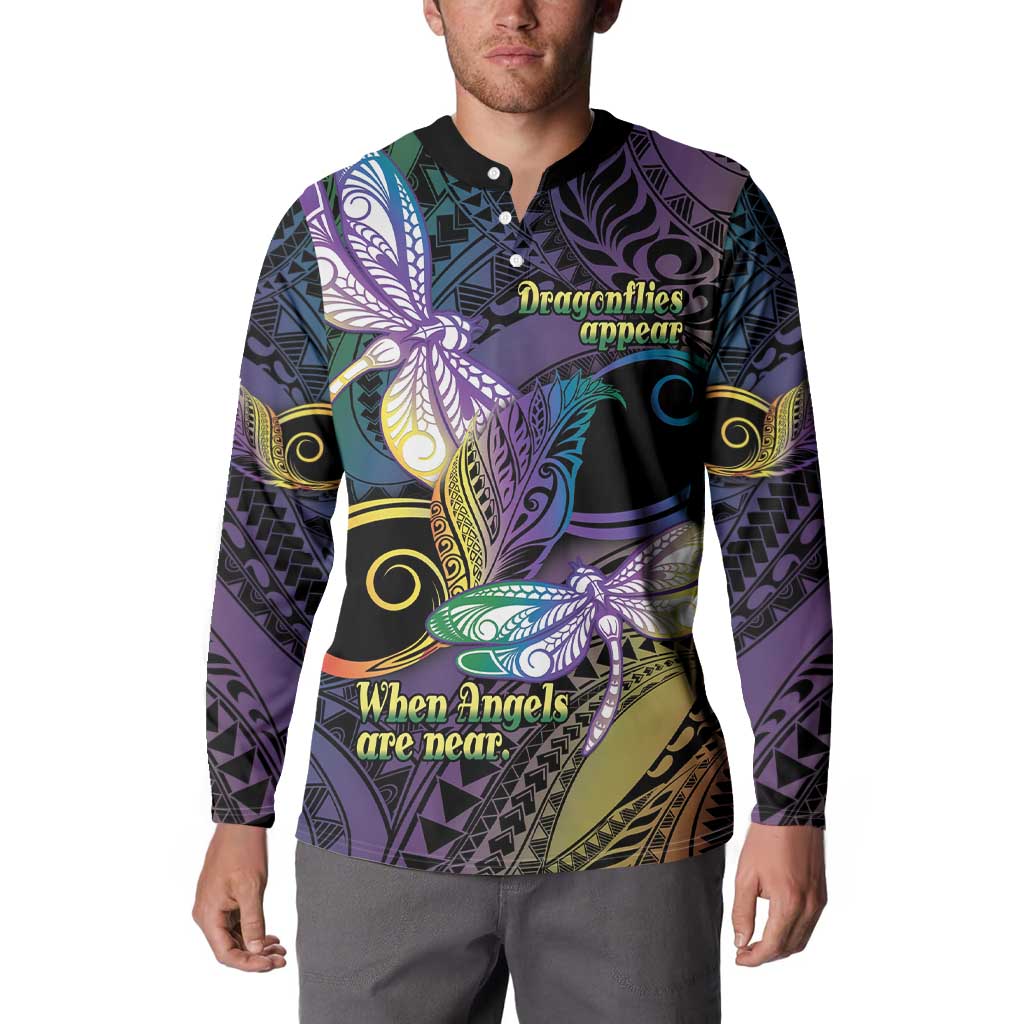 Personalized Polynesian Memorial Button Sweatshirt Dragonflies Appear When Angels Are Near LT14 - Polynesian Pride