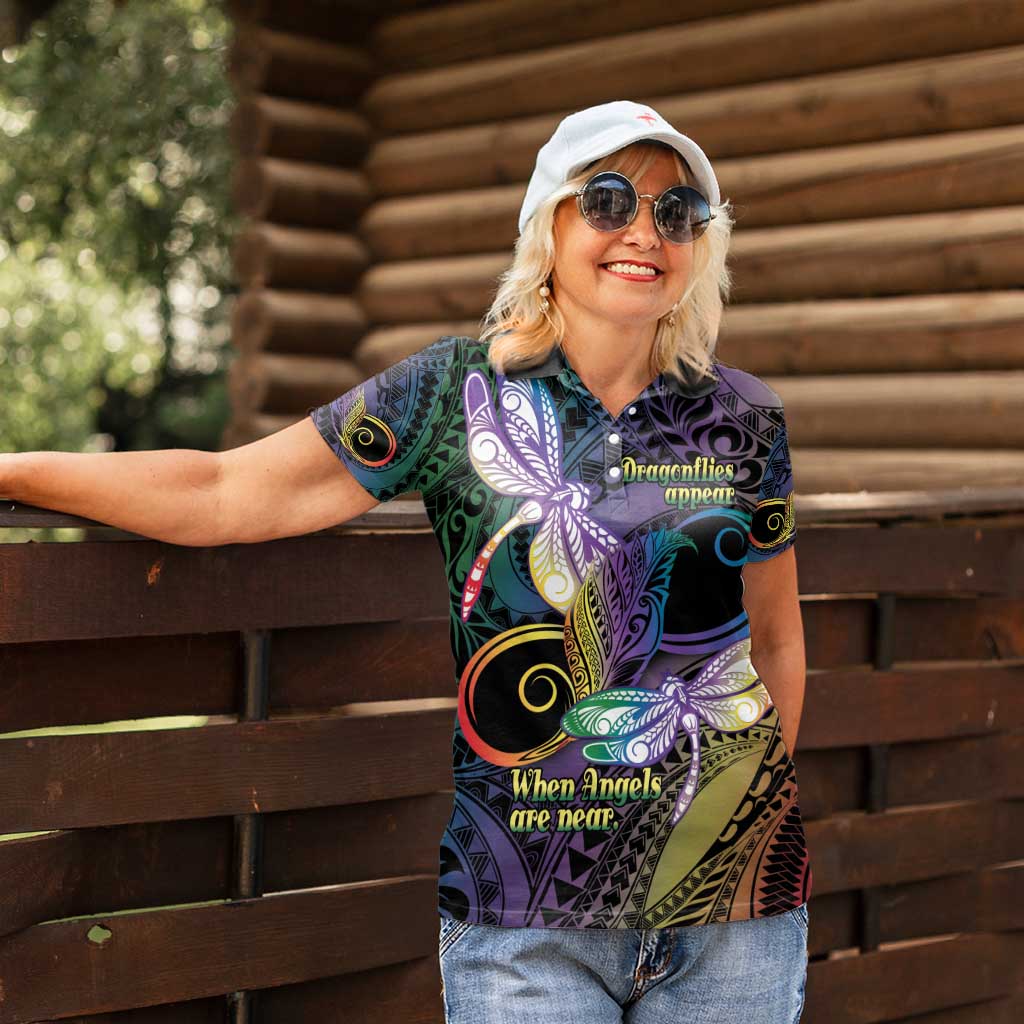 Personalized Polynesian Memorial Women Polo Shirt Dragonflies Appear When Angels Are Near LT14 - Polynesian Pride