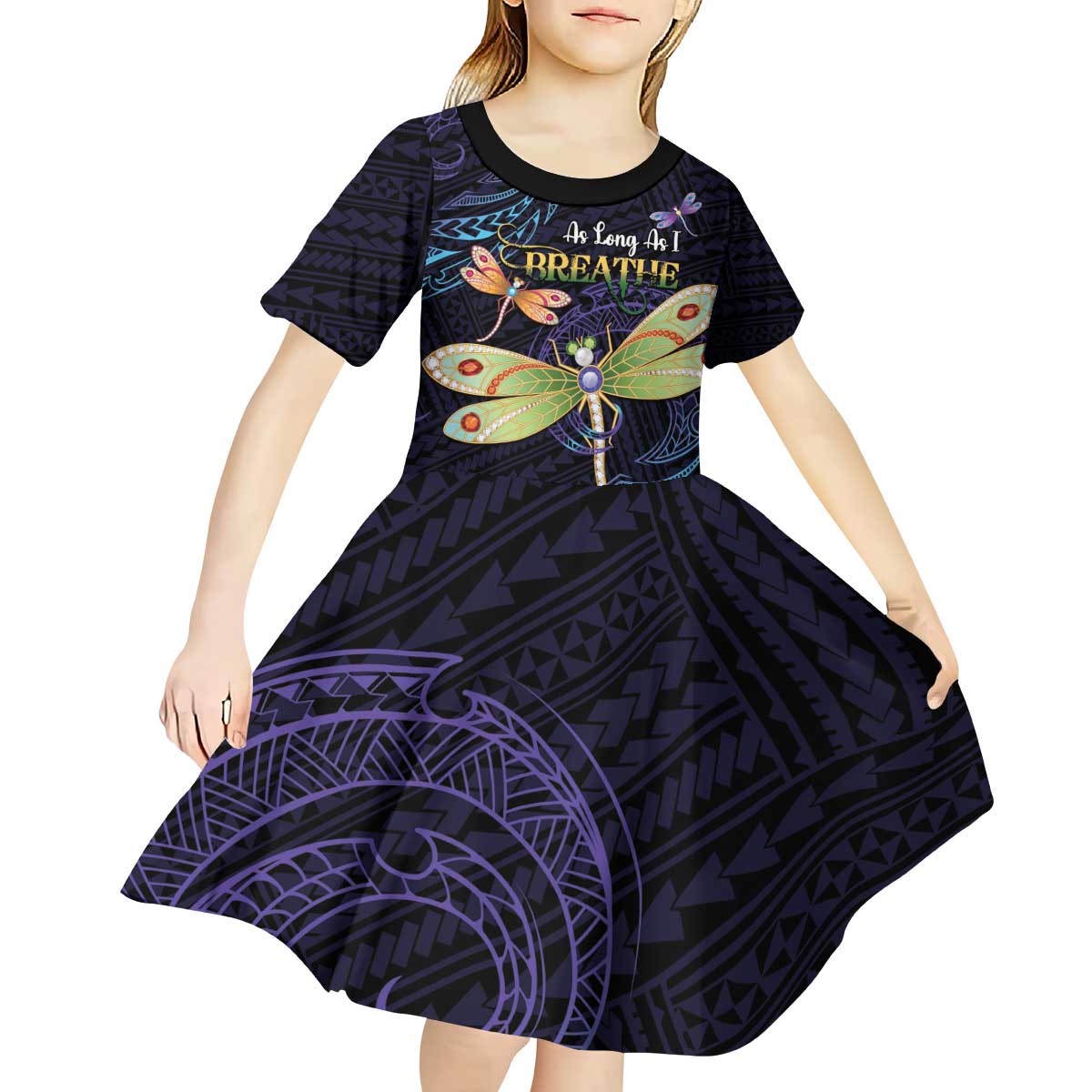 As Long As I Breathe You'll Be Remembered Kid Short Sleeve Dress Dragonflies Memorial - Polynesian Pattern LT14 - Polynesian Pride