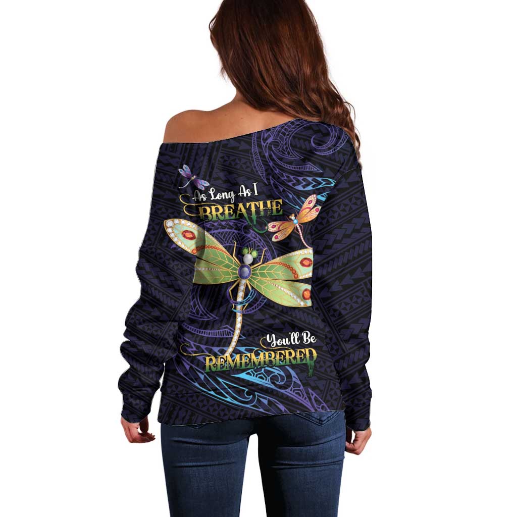 As Long As I Breathe You'll Be Remembered Off Shoulder Sweater Dragonflies Memorial - Polynesian Pattern LT14 - Polynesian Pride
