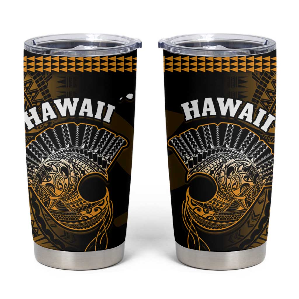 Hawaii Tumbler Cup Kakau Warrior Helmet Gradient Gold Polynesian