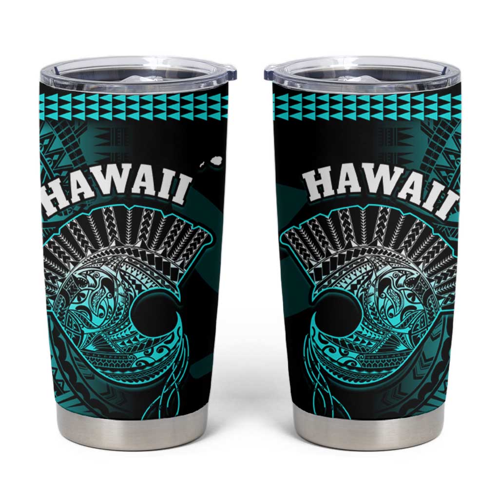 Hawaii Tumbler Cup Kakau Warrior Helmet Gradient Turquoise Polynesian