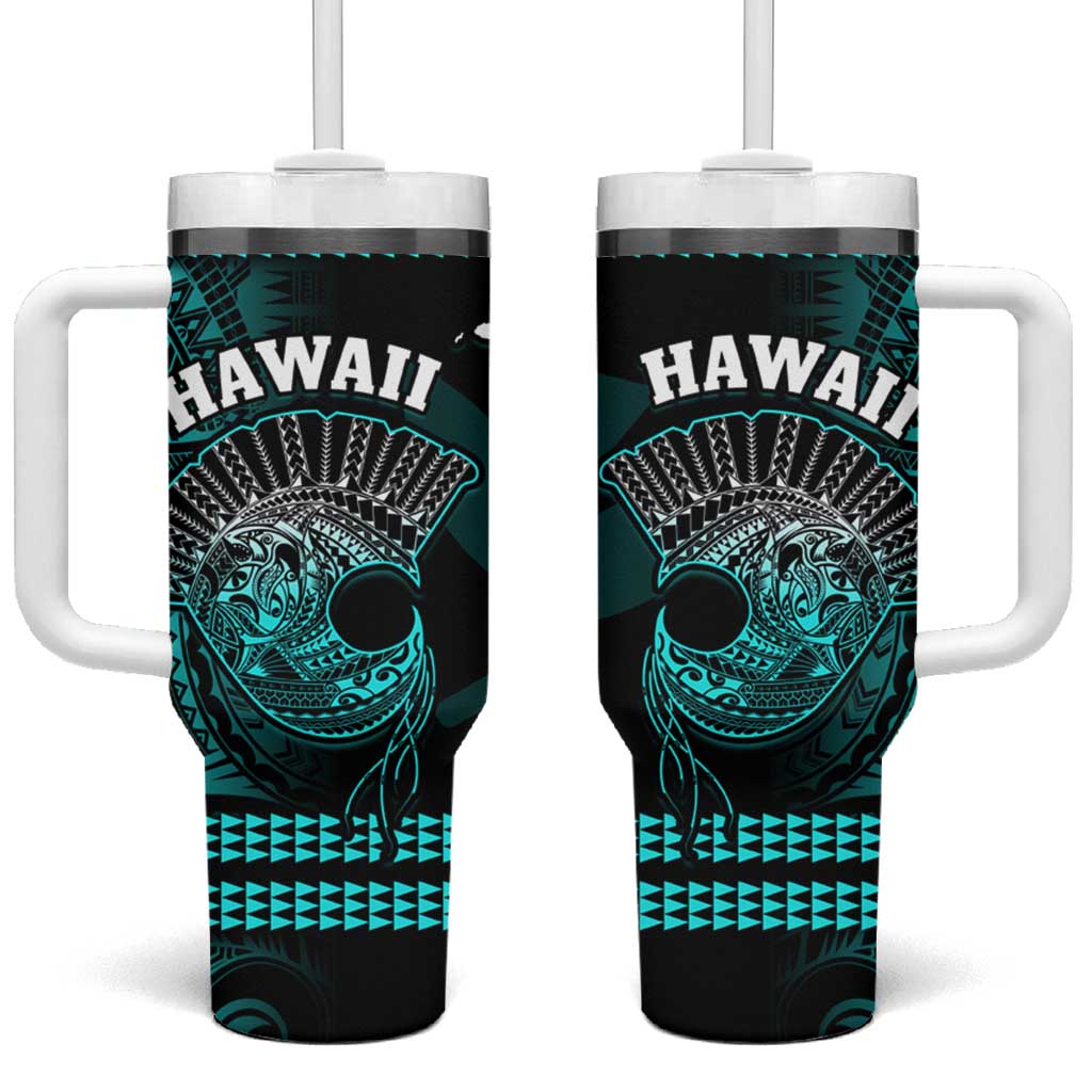 Hawaii Tumbler With Handle Kakau Warrior Helmet Gradient Turquoise Polynesian LT14 One Size: 40 oz Turquoise - Polynesian Pride