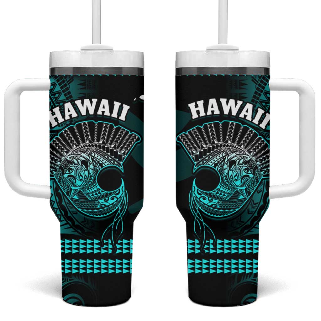 Hawaii Tumbler With Handle Kakau Warrior Helmet Gradient Turquoise Polynesian