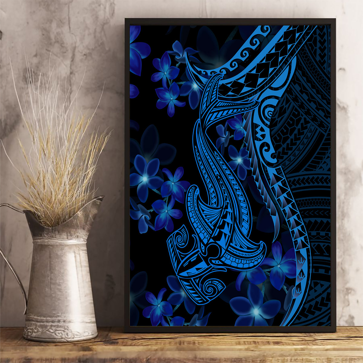Blue Polynesia Shark Tattoo Canvas Wall Art With Polynesian Plumeria LT14 - Polynesian Pride