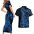 Blue Polynesia Shark Tattoo Couples Matching Short Sleeve Bodycon Dress and Hawaiian Shirt With Polynesian Plumeria LT14 - Polynesian Pride